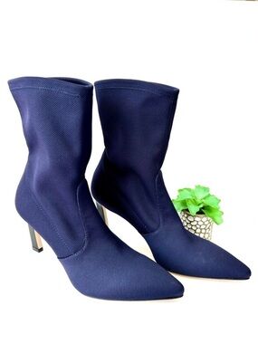 Stuart Weitzman Rapture Stretch-Knit Bootie Midi Heeled Boot Navy Blue 9 NWT